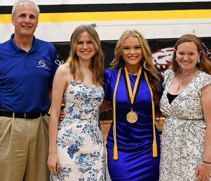 From left: Tim Reynolds, Oneida Telephone Exchange; ROWVA students Clara Asplund and Clara Kuelper; and Jillian Isaacson, Galesburg Community Foundation Director of Grants & Programs.